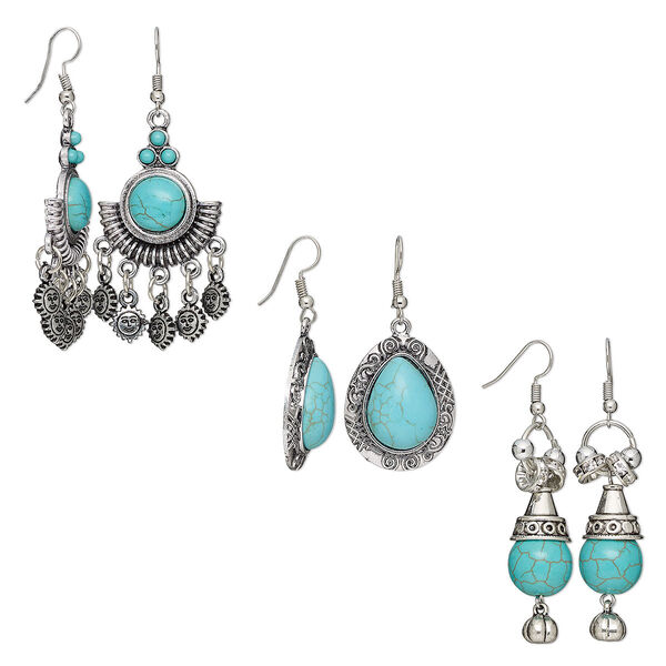Earring, magnesite (dyed / stabilized) / glass / resin / antique silver-plated steel and "pewter" (zinc-based alloy), blue and clear, 45mm / 2-1/3 inches / 2-1/2 inches with fishhook ear wire. Sold per pkg of 3 pairs. image number 0