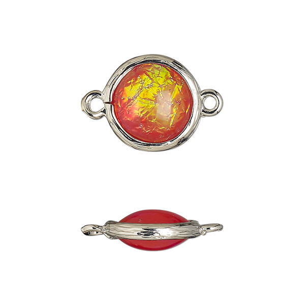 Link, Opalized Ice™, "opal" (resin) and imitation rhodium-finished brass, opaque orange, 14mm double-sided round. Sold per pkg of 4. image number 0