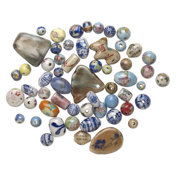 Bead mix, porcelain, mixed colors, 7mm-51x42mm hand-painted mixed shapes with decal. Sold per 1/4 pound pkg, approximately 25-70 beads. image number 1