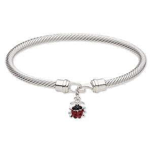 Bracelet, bangle, enamel / Czech glass rhinestone / silver-plated brass / "pewter" (zinc-based alloy), red and black, 4mm twisted cable with 13x9mm ladybug, 7-1/2 inches with hook-and-eye clasp. Sold individually.