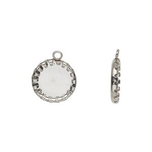 Drop, stainless steel, 13mm single-sided round with 10mm round cabochon pressure set setting. Sold per pkg of 10.