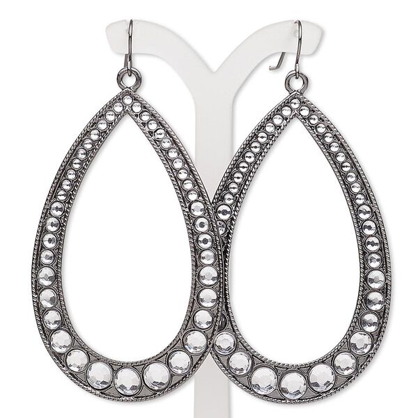 Earring, acrylic rhinestone with gunmetal-finished "pewter" (zinc-based alloy) and steel, clear, 3-3/8 inches with open teardrop and fishhook ear wire. Sold per pair. image number 0