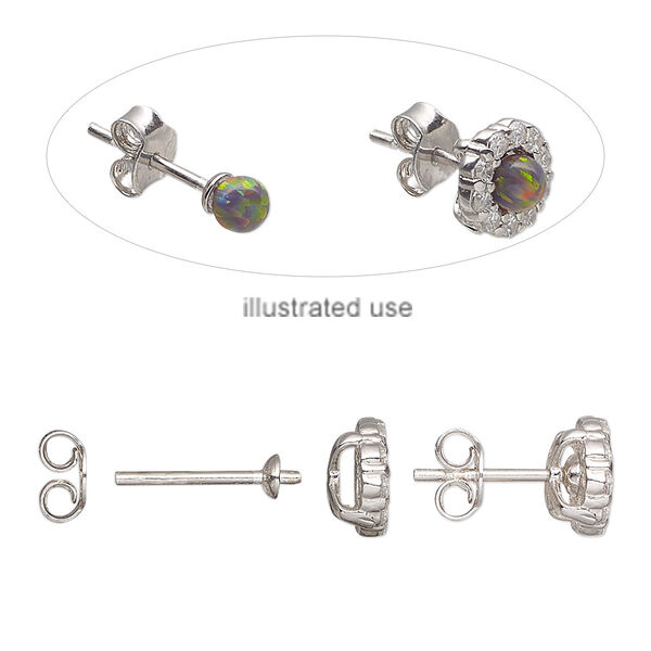 Earstud, cubic zirconia and rhodium-plated sterling silver, clear, 8mm with 3mm cup and 2mm peg, fits up to 3-4mm half-drilled bead. Sold per pair. image number 0
