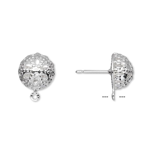 Earstud, silver-plated brass and stainless steel, 10mm filigree dome with closed loop. Sold per pkg of 5 pairs. image number 0