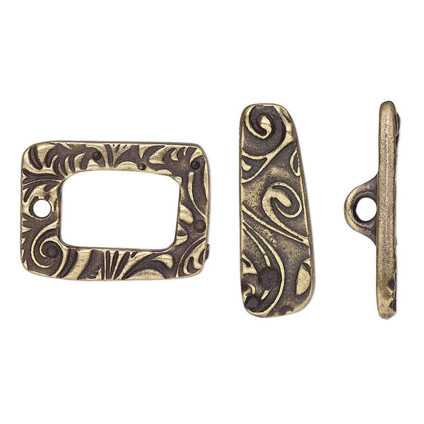 Clasp, TierraCast®, "Vida Mas Dulce" collection, toggle, antique brass-plated pewter (tin-based alloy), 20x15mm rectangle with jardin design. Sold per pkg of 10. image number 0