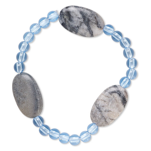 Bracelet, stretch, Picasso marble (natural) and acrylic, blue, 5mm round and 24x14mm-25x15mm flat oval, 6-1/2 inches. Sold individually. image number 0