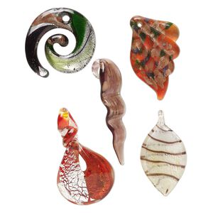 Random focal mix, lampworked glass, opaque and translucent mixed colors with silver-colored foil and copper-colored glitter, 35x34mm-66x50mm mixed shapes. Sold per pkg of 5.