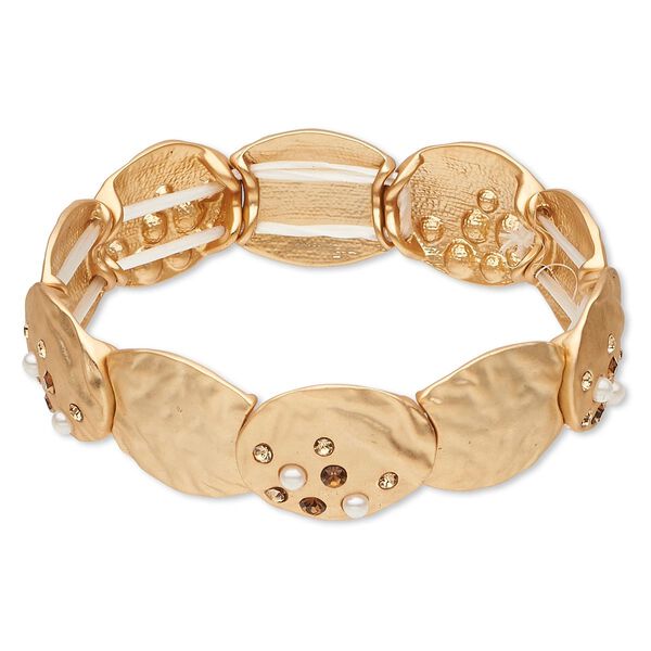 Bracelet, stretch, Czech glass rhinestone / acrylic pearl / gold-finished "pewter" (zinc-based alloy), light topaz / dark topaz / white, 23x18mm textured oval, 7 inches. Sold individually. image number 0