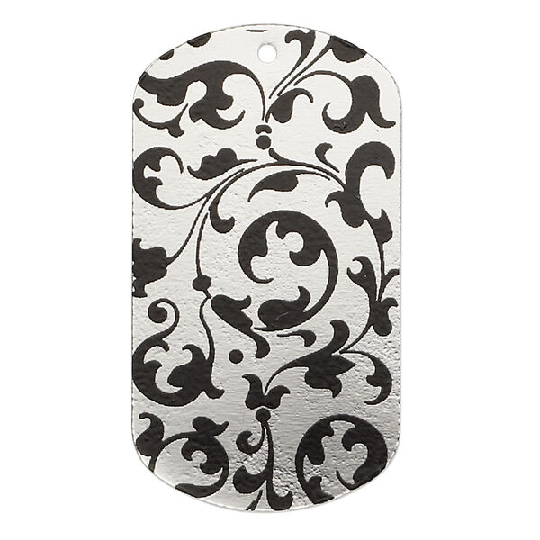 Focal, imitation rhodium-finished carbon steel, black, 40x22mm single-sided dog tag with vine design. Sold per pkg of 2. image number 0