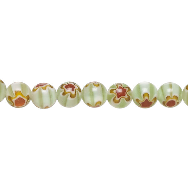 Bead, millefiori glass 1pkg1, translucent pale green / dark red / golden yellow, 6mm round, 15 inches. image number 0