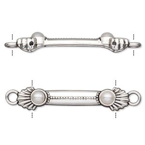 Link, acrylic pearl and antique silver-finished "pewter" (zinc-based alloy), white, 36x7mm double-drilled bar with shell design, fits up to 25.5mm bead. Sold per pkg of 10.