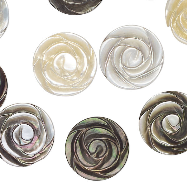 Component mix, black lip shell and golden lip shell (natural), 15mm undrilled carved flower. Mohs hardness 3-1/2. Sold per pkg of 10. image number 0