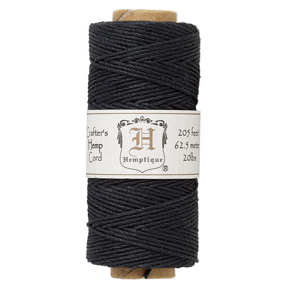 Cord, Hemptique®, polished hemp, black, 1mm diameter, 20-pound test. Sold per pkg of 205 feet. image number 0