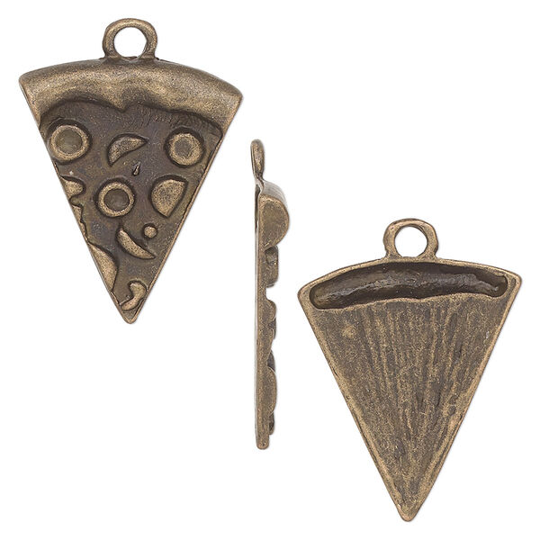 Charm, antique brass-finished pewter (tin-based alloy), 21.5x18mm pizza slice. Sold per pkg of 4. image number 0