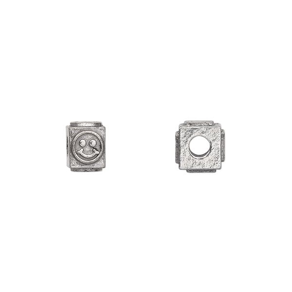 Bead, antiqued pewter (tin-based alloy), 8x6mm rectangle with happy face. Sold per pkg of 4. image number 0