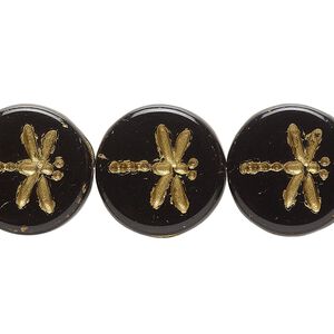 Bead, Preciosa, Czech pressed glass, opaque black, 17mm flat round with gold-painted dragonfly. Sold per pkg of 12.