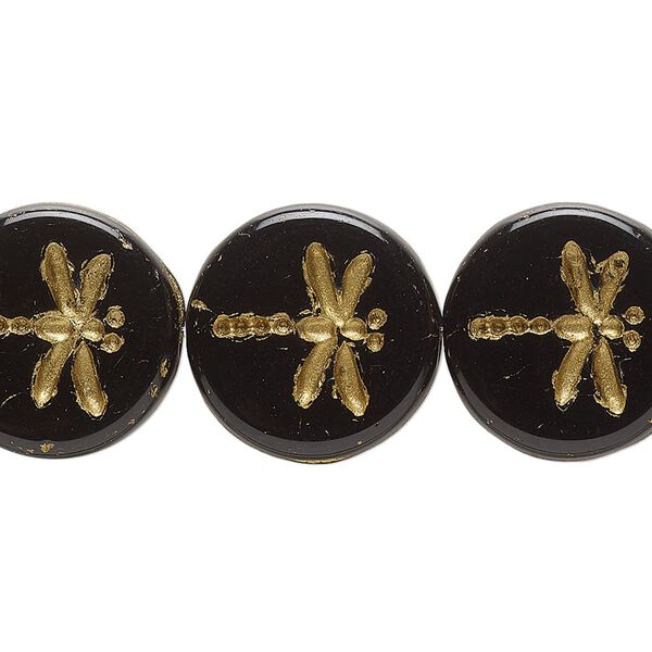 Bead, Preciosa, Czech pressed glass, opaque black, 17mm flat round with gold-painted dragonfly. Sold per pkg of 12. image number 0