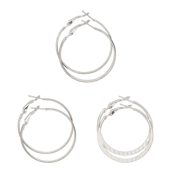 Earring, Everyday Jewelry, nickel-finished steel, 40mm hoop with smooth / textured / faceted designs, latch-back closure. Sold per pkg of 3 pairs. image number 0