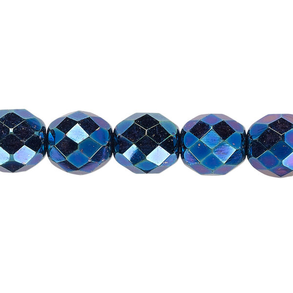 Bead, Czech fire-polished glass, opaque iris blue, 10mm faceted round. Sold per 15-1/2" to 16" strand. image number 0