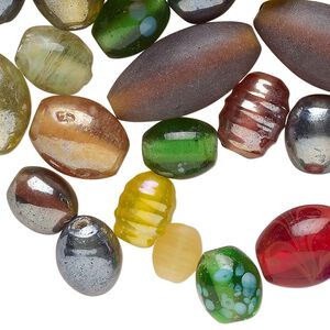 Bead mix, lampworked glass, opaque and translucent mixed colors, 10x9mm-13x11mm oval. Sold per 3-ounce pkg, approximately 85 beads.
