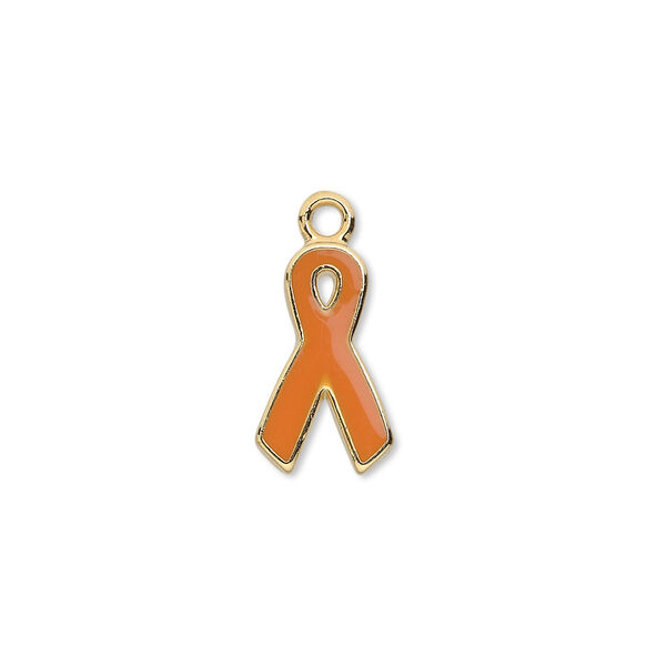 Charm, epoxy and gold-plated aluminum, orange, 15x9mm single-sided awareness ribbon. Sold per pkg of 6. image number 0