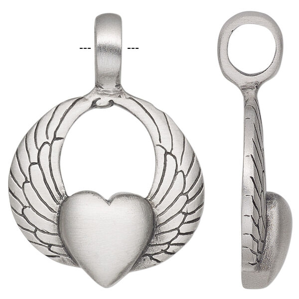 Pendant, antiqued pewter (tin-based alloy), 40.5x29mm single-sided heart with wings. Sold individually. image number 0