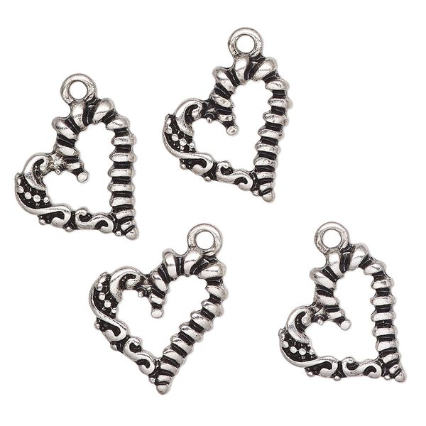 Charm, antique silver-finished "pewter" (zinc-based alloy), 17x14mm open Chantilly heart. Sold per pkg of 4. image number 0
