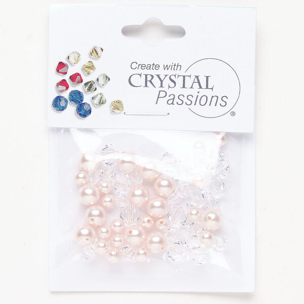 Crystal / crystal pearl 1pkg50 Crystal Passions® bicone bead / round pearl mix crystal clear / rosaline 4mm / 6mm 5810 / 5328 image number 0