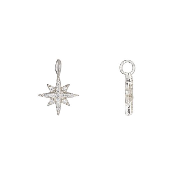Charm 1pkg1 sterling silver / cubic zirconia 10.5x10.5mm star perpendicular loop, clear image number 0