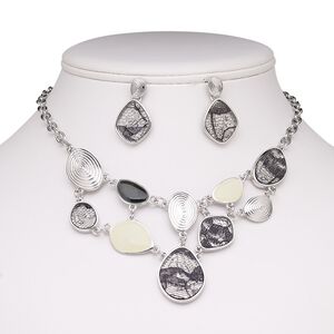 Necklace and earring set, acrylic / enamel / stainless steel / imitation rhodium-plated brass / steel / "pewter" (zinc-based alloy), off-white / clear / black, 16-inch necklace with 2-inch extender chain and lobster claw clasp, 31mm earrings with post. Sold per set.