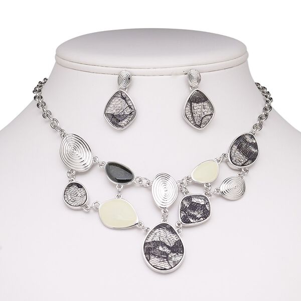 Necklace and earring set, acrylic / enamel / stainless steel / imitation rhodium-plated brass / steel / "pewter" (zinc-based alloy), off-white / clear / black, 16-inch necklace with 2-inch extender chain and lobster claw clasp, 31mm earrings with post. Sold per set. image number 0