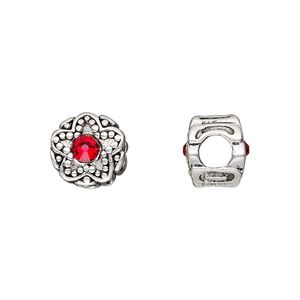 Bead, Dione®, antique silver-plated pewter (tin-based alloy) and crystal rhinestone, ruby red, 11mm double-sided round with star design. Sold individually.