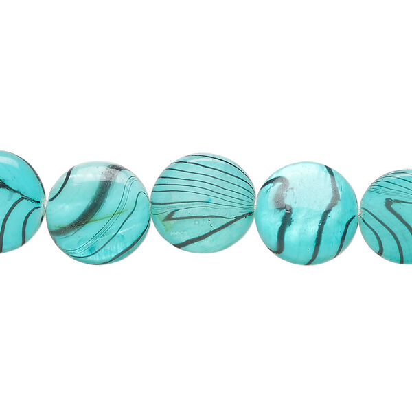 Mother-of-pearl shell 1pkg1, puffed flat round bead 15 inch blue and black 11-12mm image number 0