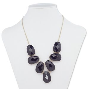 Necklace, acrylic with gold-finished steel and "pewter" (zinc-based alloy), black, 31x20mm faceted teardrop, 18 inches with 2-inch extender chain and lobster claw clasp. Sold individually.