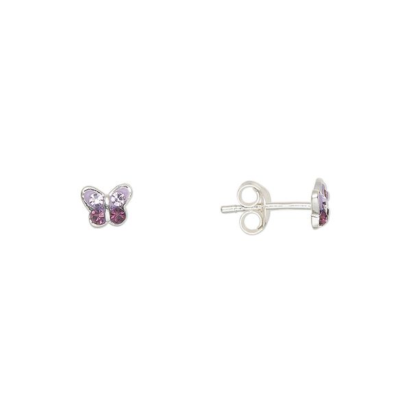 Earstud sterling silver / Preciosa crystal 1pkg2, 5.5x4.5mm butterfly / earnuts included, Create Compliments® purple / light purple 1 pair image number 0