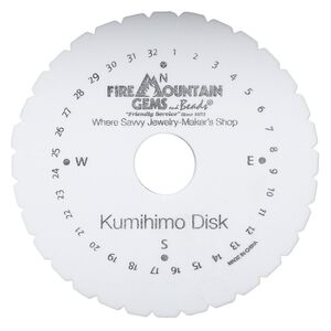 Kumihimo disk, EVA foam, white and black, 4-1/4 inch single-sided round with 22mm inside hole and 32 slots, 3/8 inch thick. Sold individually.