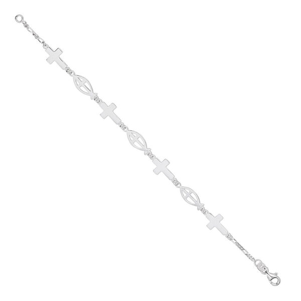 Bracelet, Create Compliments®, sterling silver, 13x7mm single-sided Christian fish and 13x9mm single-sided cross, 7 inches with lobster claw clasp. Sold individually. image number 0