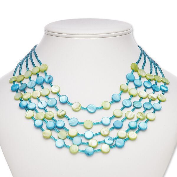Necklace, 5-strand, mother-of-pearl shell (dyed) / acrylic / silver-plated steel / "pewter" (zinc-based alloy), blue / green / teal, 10mm round, 18 inches with 1-inch extender chain and lobster claw clasp. Sold individually. image number 0
