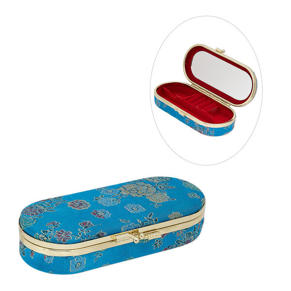 Box, polyester / velveteen / gold-finished steel, teal blue / red / multicolored, 5-3/4 x 2-1/4 x 1-1/4 inch hinged oval with floral design and mirror. Sold individually. image number 0