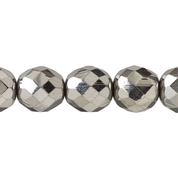 Bead, Czech fire-polished glass, pkg/15-1/2 to 16 inches, 12mm faceted round, opaque metallic grey, (00030-27400). image number 0