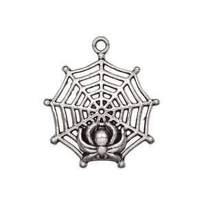 Charm, antique silver-plated "pewter" (zinc-based alloy), 27x27mm single-sided spider web with spider. Sold per pkg of 4.