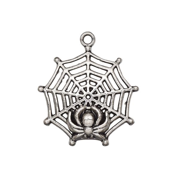 Charm, antique silver-plated "pewter" (zinc-based alloy), 27x27mm single-sided spider web with spider. Sold per pkg of 4. image number 0