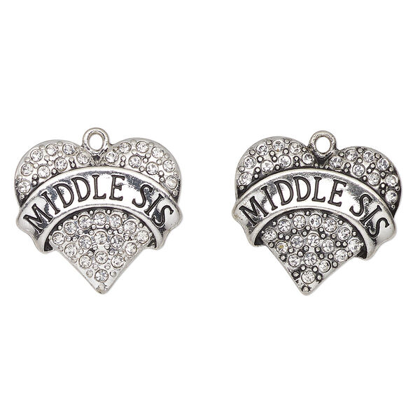 Charm, antique silver-finished enamel "pewter" (zinc-based alloy) and glass, clear and black, 24x23mm heart with "Middle Sis". Sold per pkg of 2. image number 0