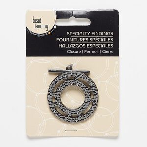 Clasp, toggle, gunmetal-finished "pewter" (zinc-based alloy), 39mm hammered round with cutout design and hidden loop. Sold individually.