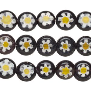 Bead mix, millefiori glass, black, yellow, white and clear, 9-10mm puffed flat round with flower design. Sold per pkg of (3) 14-inch strands.