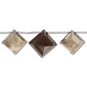 Smoky quartz 1pkg11, hand-cut top-drilled faceted flat diamond bead graduated 11x11mm-15x15mm