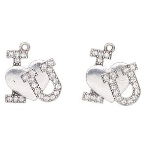 Charm, antique silver-finished "pewter" (zinc-based alloy) and glass, clear, 23x21mm "I" heart "U". Sold per pkg of 2.
