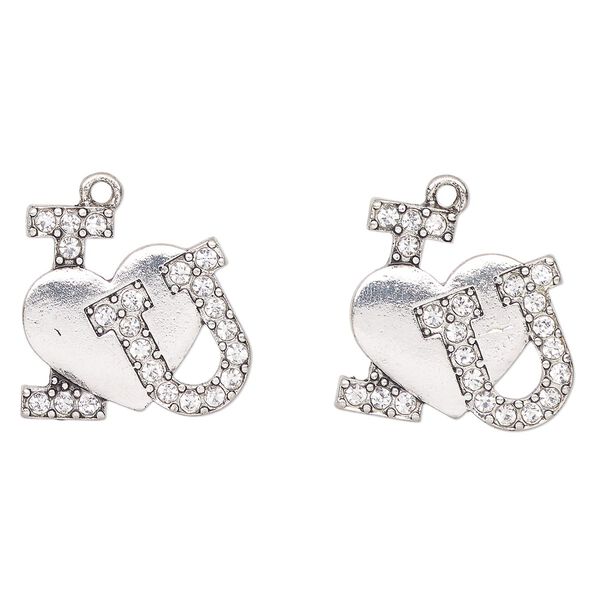 Charm, antique silver-finished "pewter" (zinc-based alloy) and glass, clear, 23x21mm "I" heart "U". Sold per pkg of 2. image number 0