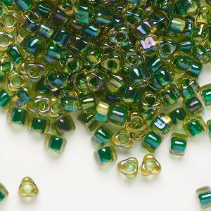 Seed bead, Miyuki, glass, transparent yellow color-lined green, (TR1165), #5 triangle. Sold per 25-gram pkg.