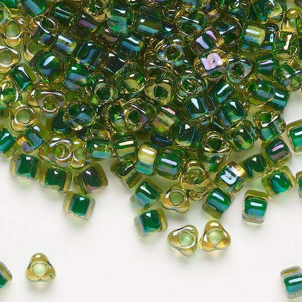 Seed bead, Miyuki, glass, transparent yellow color-lined green, (TR1165), #5 triangle. Sold per 25-gram pkg. image number 0